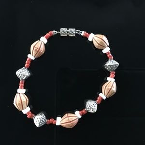 Carved wood, Coral,white Shell and Sterling Silver bicones